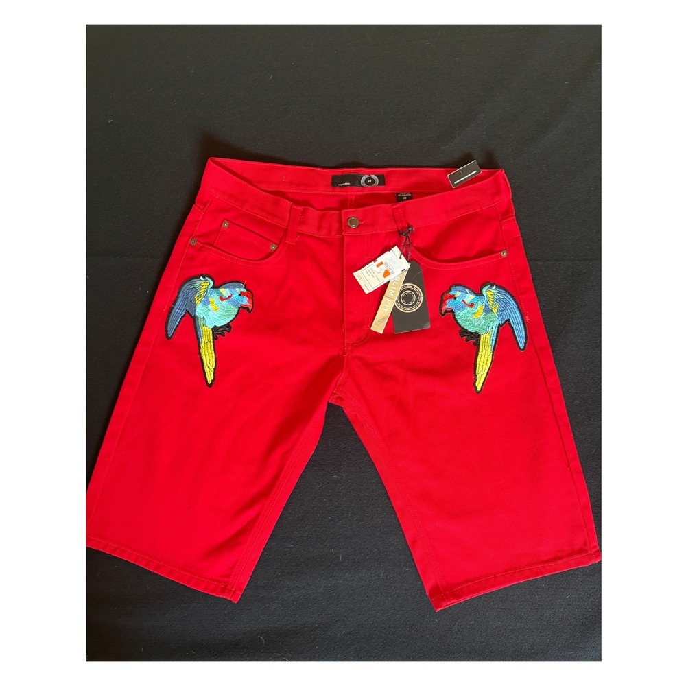 The High Parrot Embroidered Shorts Mens 40 Red New Slim Fit Bird Patch Denim - Picture 1 of 9